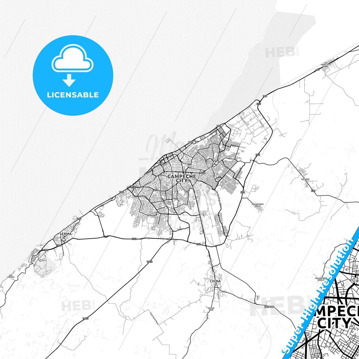 Campeche, Mexico light map with streetnames, citynames and districts