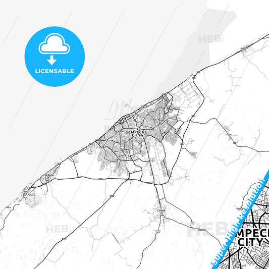 Campeche, Mexico light map with streetnames, citynames and districts