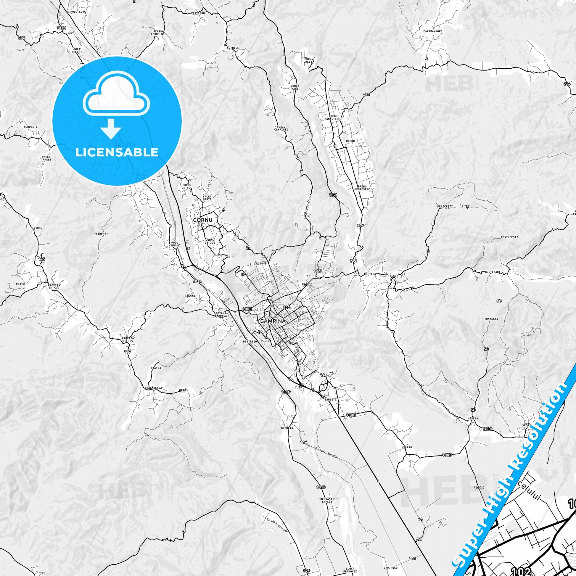 Câmpina, Romania light map with streetnames, citynames and districts