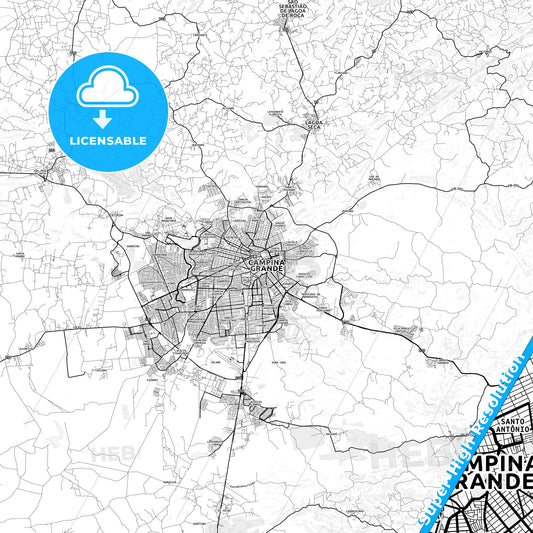 Campina Grande, Brazil light map with streetnames, citynames and districts