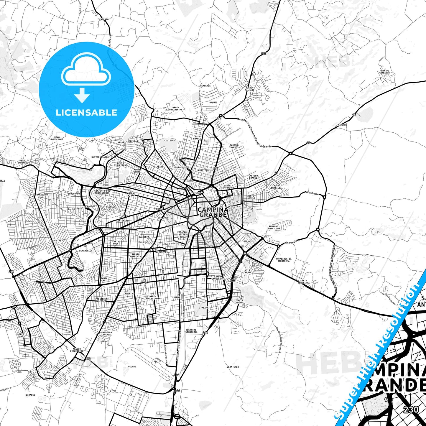 Campina Grande, Brazil Light Map with Street Names, City Names, and Districts