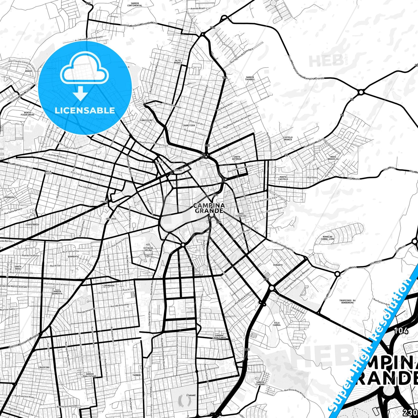 Campina Grande, Brazil Light Map with Street Names, City Names, and Districts