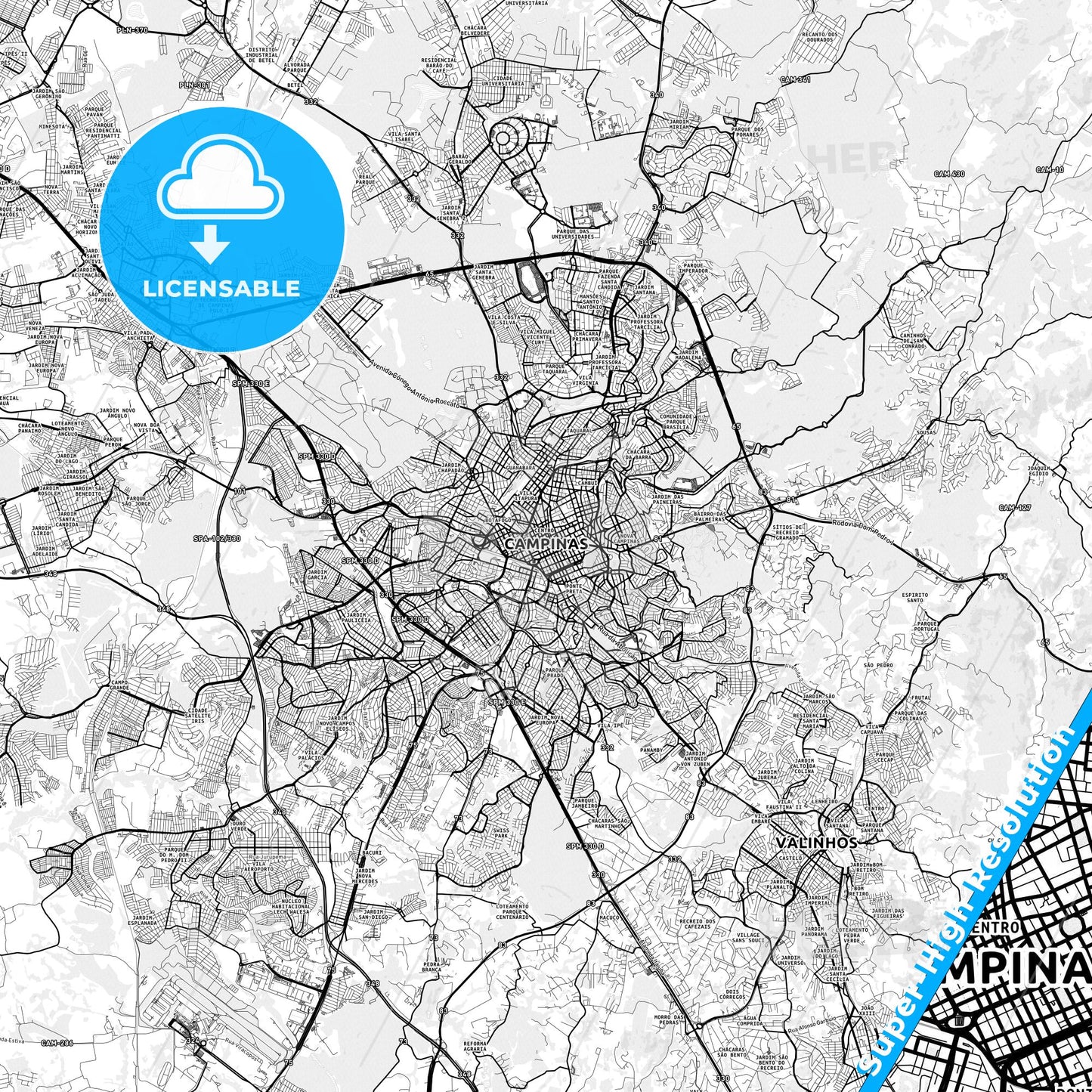 Campinas, Brazil light map with streetnames, citynames and districts