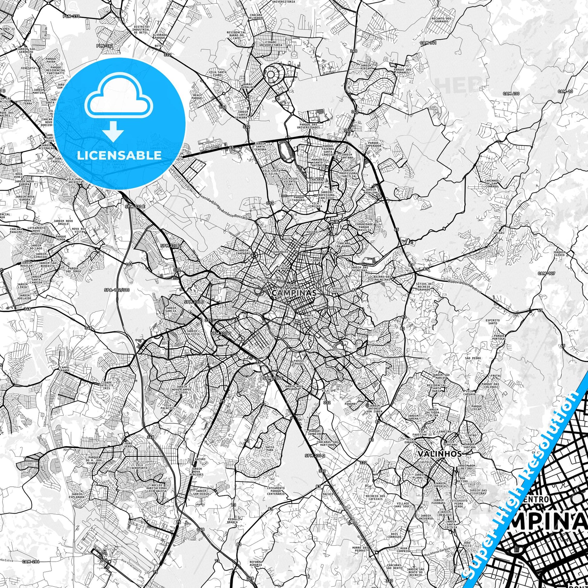 Campinas, Brazil light map with streetnames, citynames and districts