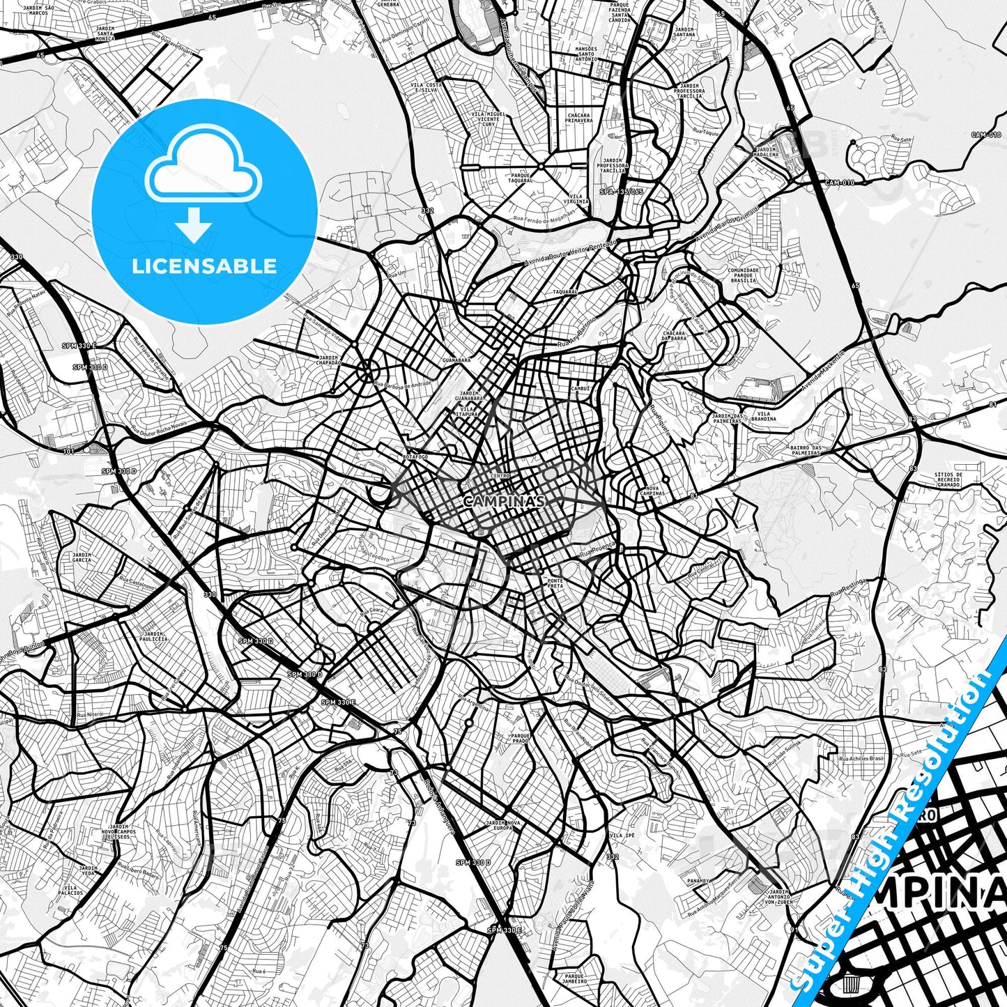 Campinas, Brazil Light Map with Street Names, City Names, and Districts