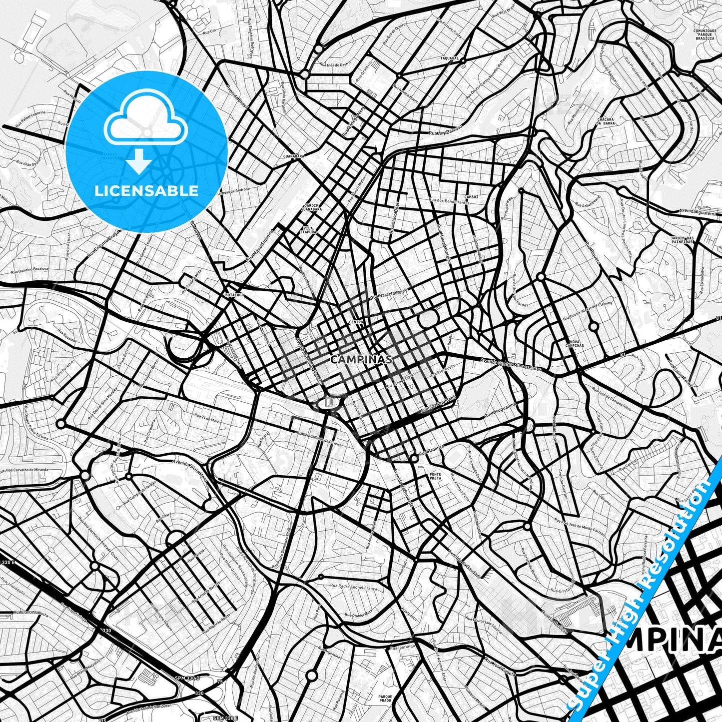 Campinas, Brazil Light Map with Street Names, City Names, and Districts