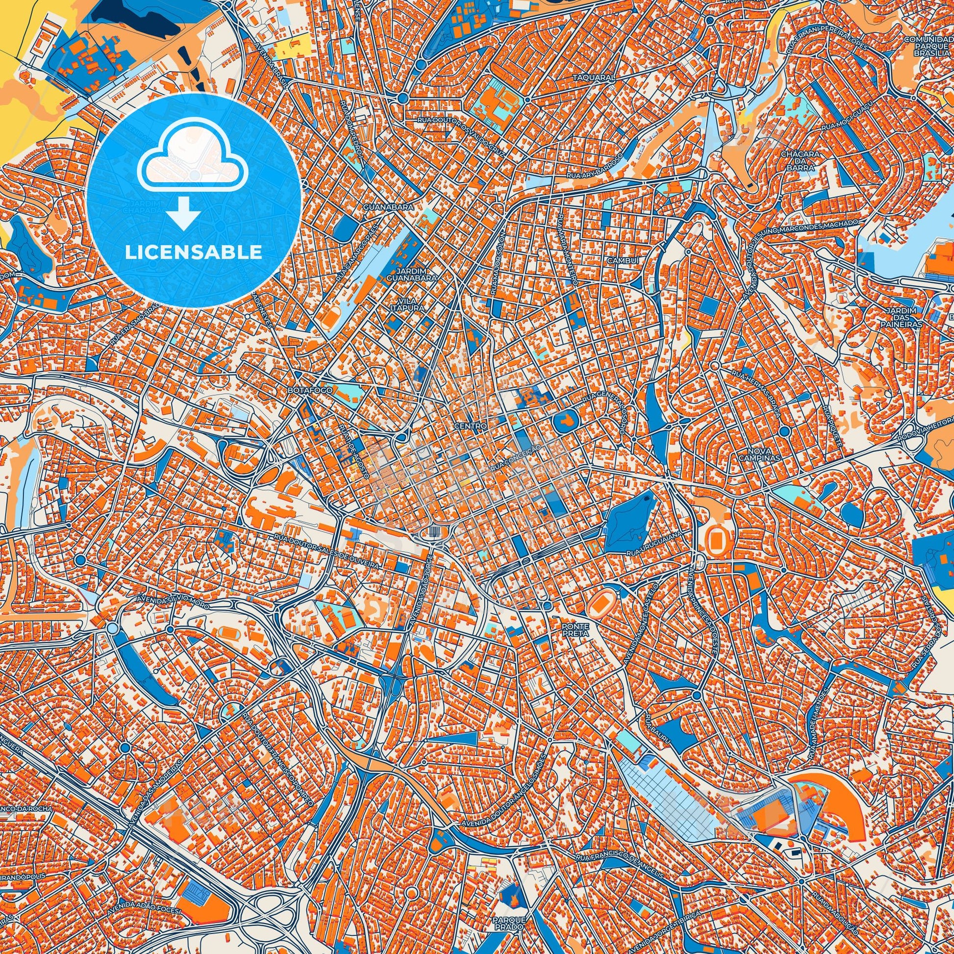 Colorful Campinas Street Map with Labels and Buildings
