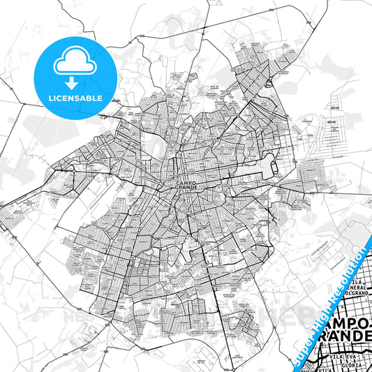 Campo Grande, Brazil light map with streetnames, citynames and districts