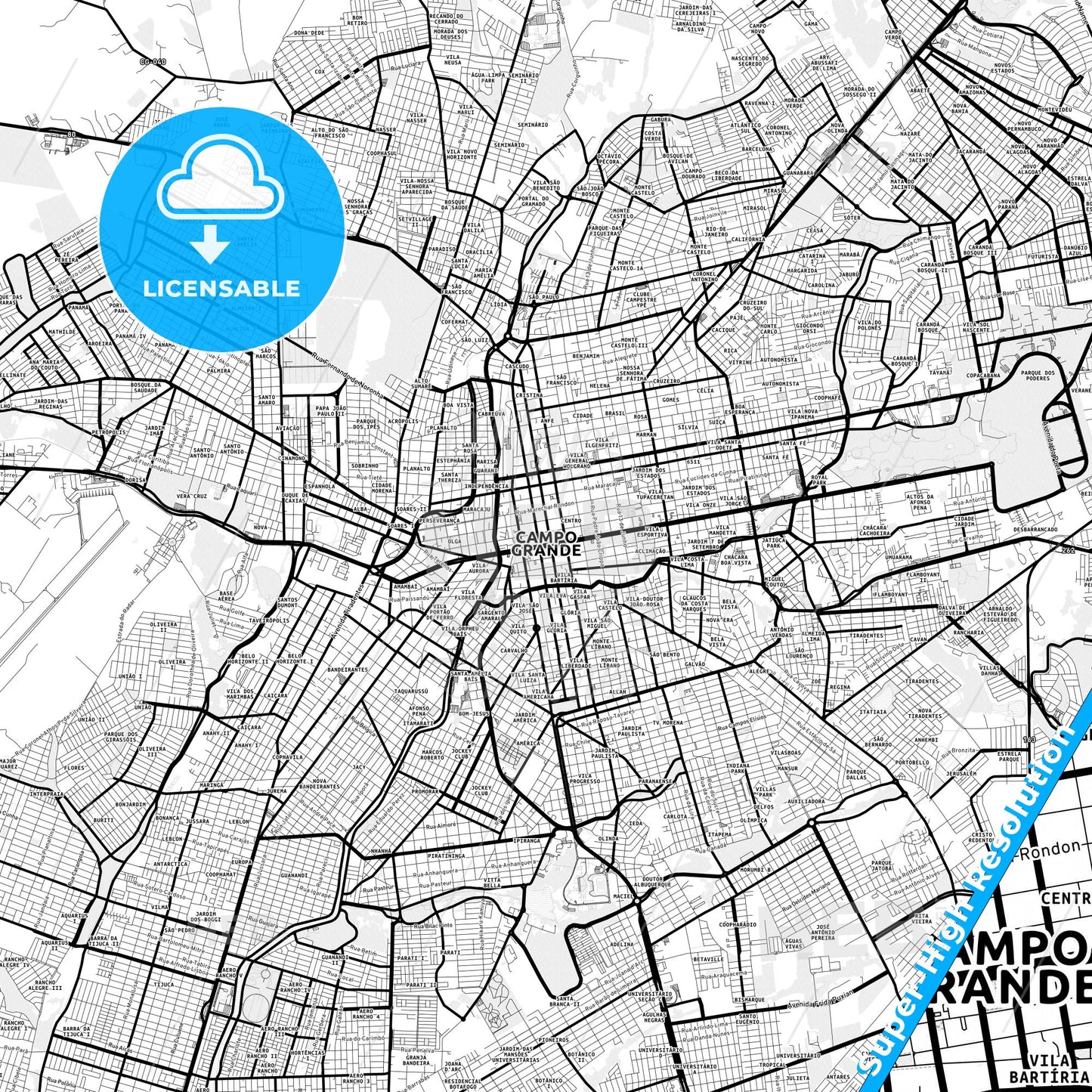 Campo Grande, Brazil Light Map with Street Names, City Names, and Districts