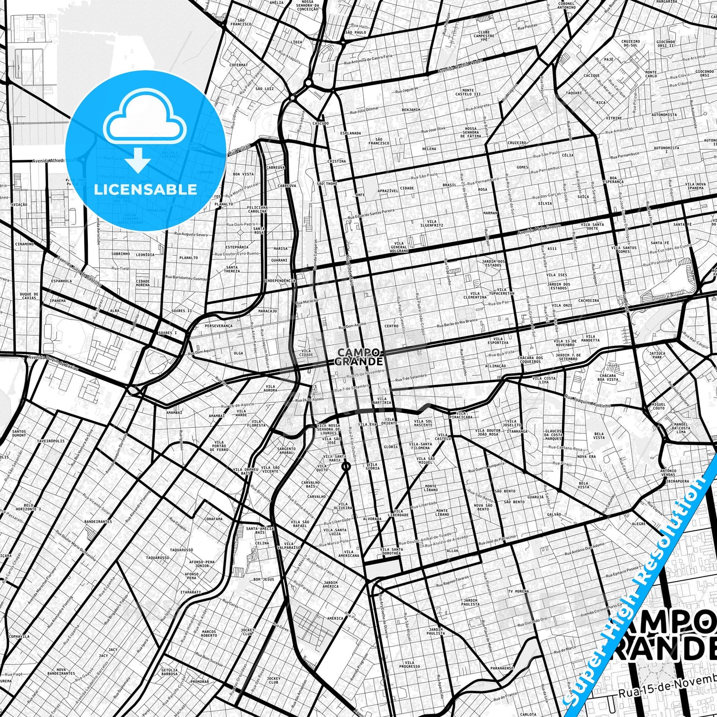 Campo Grande, Brazil Light Map with Street Names, City Names, and Districts