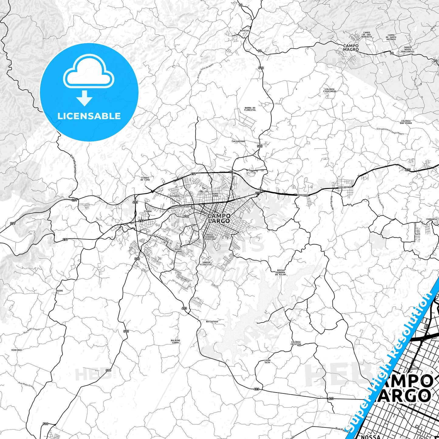 Campo Largo, Brazil light map with streetnames, citynames and districts