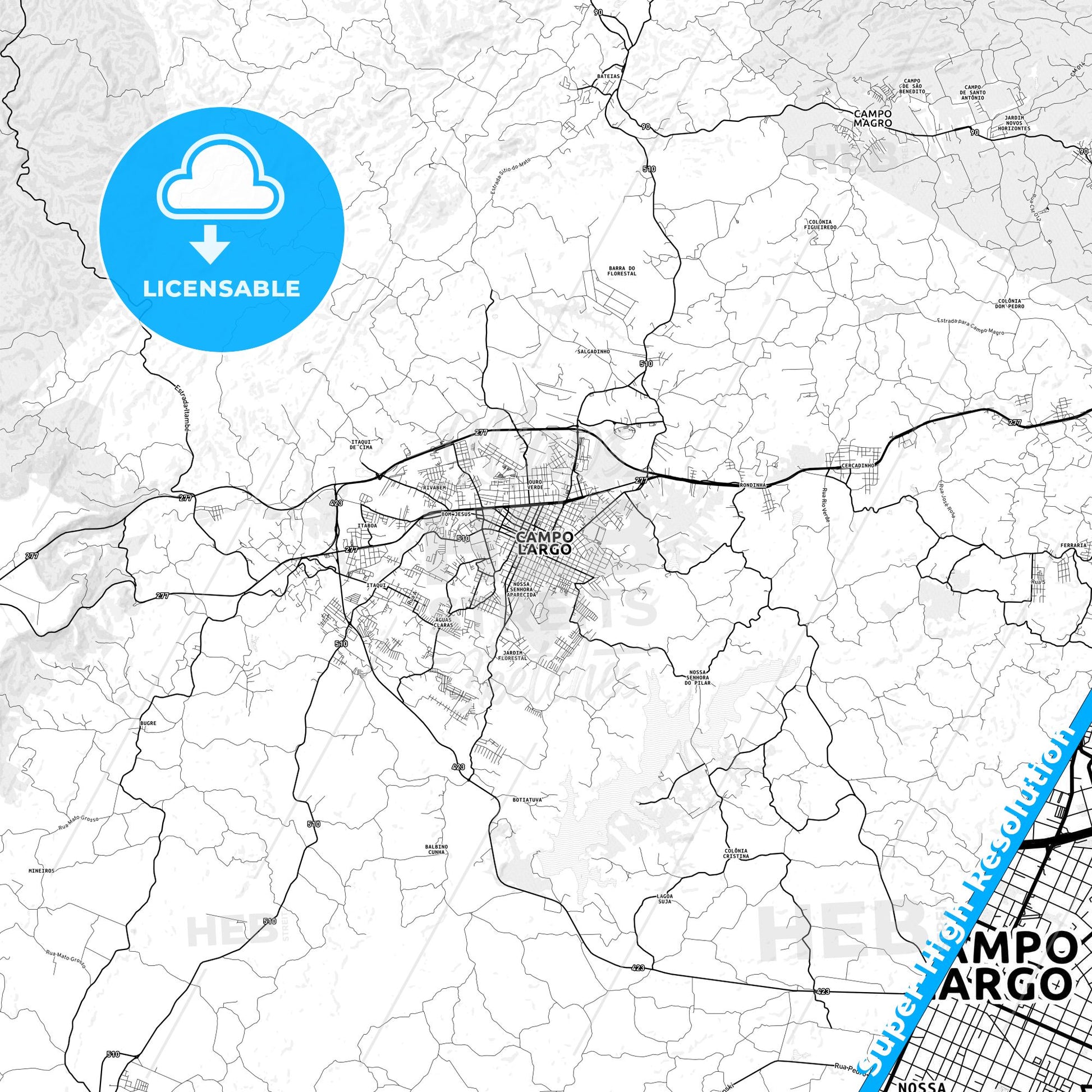 Campo Largo, Brazil light map with streetnames, citynames and districts