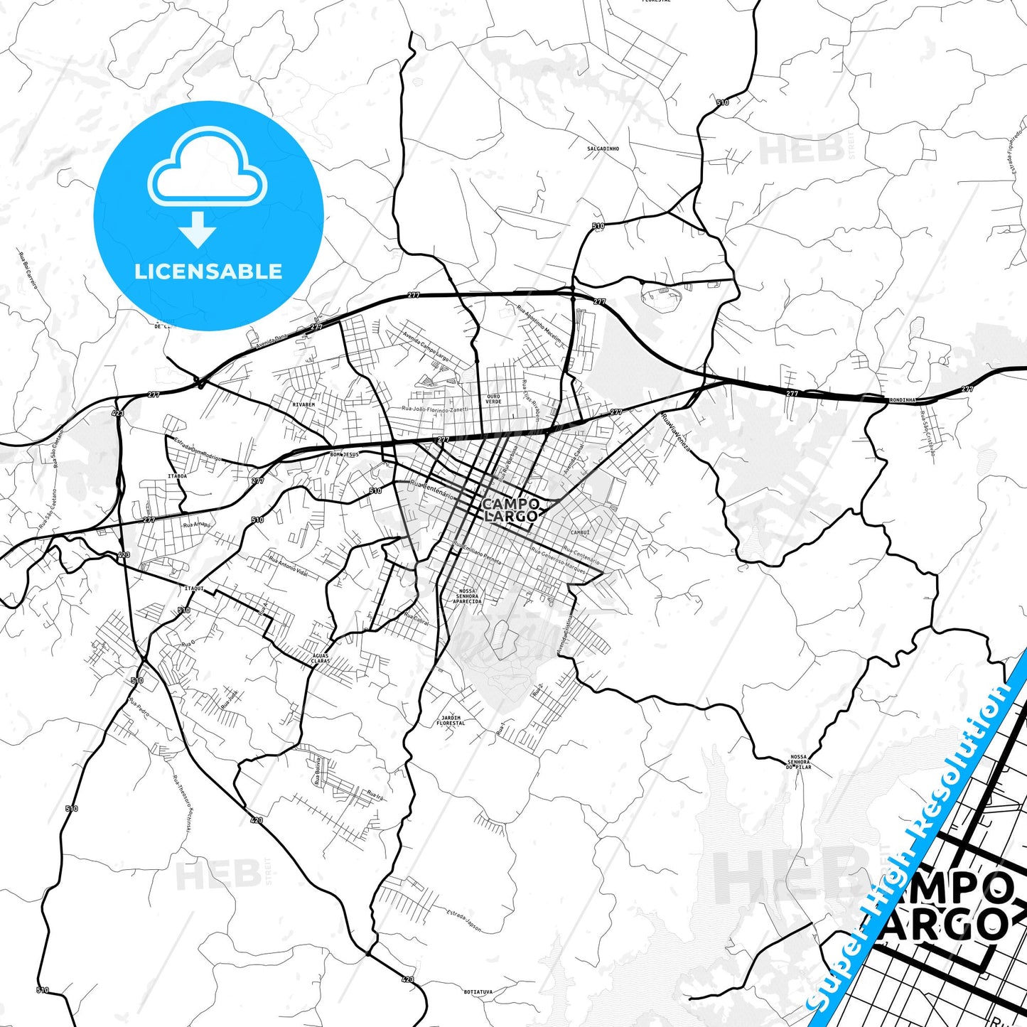 Campo Largo, Brazil Light Map with Street Names, City Names, and Districts