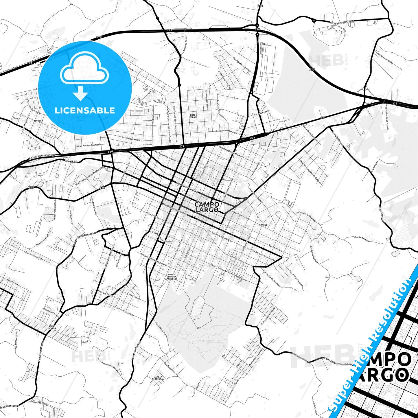 Campo Largo, Brazil Light Map with Street Names, City Names, and Districts