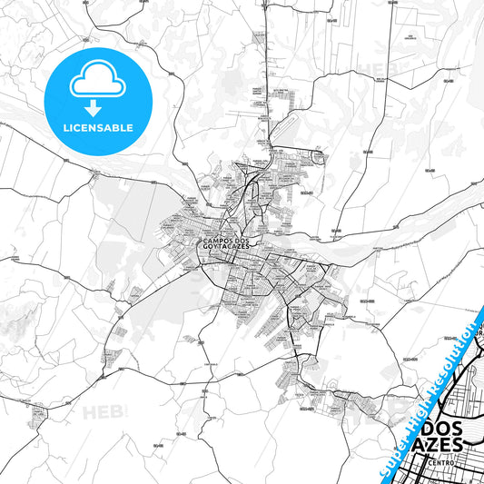 Campos dos Goytacazes, Brazil light map with streetnames, citynames and districts
