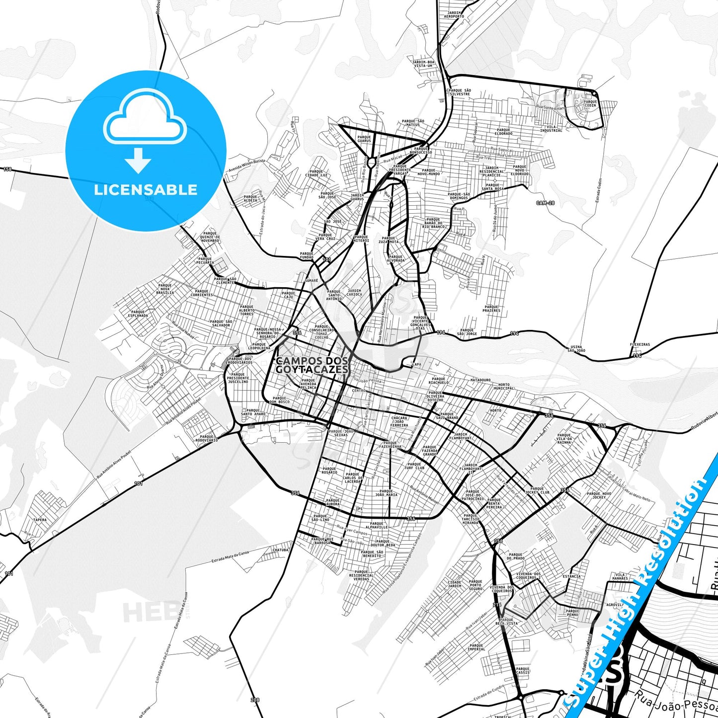Campos dos Goytacazes, Brazil Light Map with Street Names, City Names, and Districts