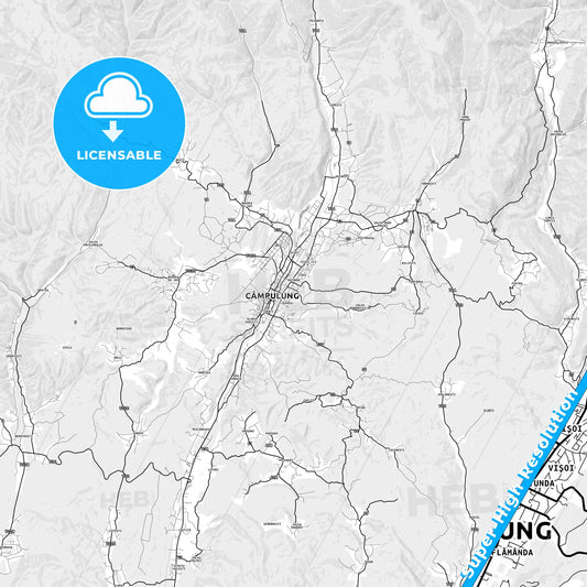 Câmpulung, Romania light map with streetnames, citynames and districts