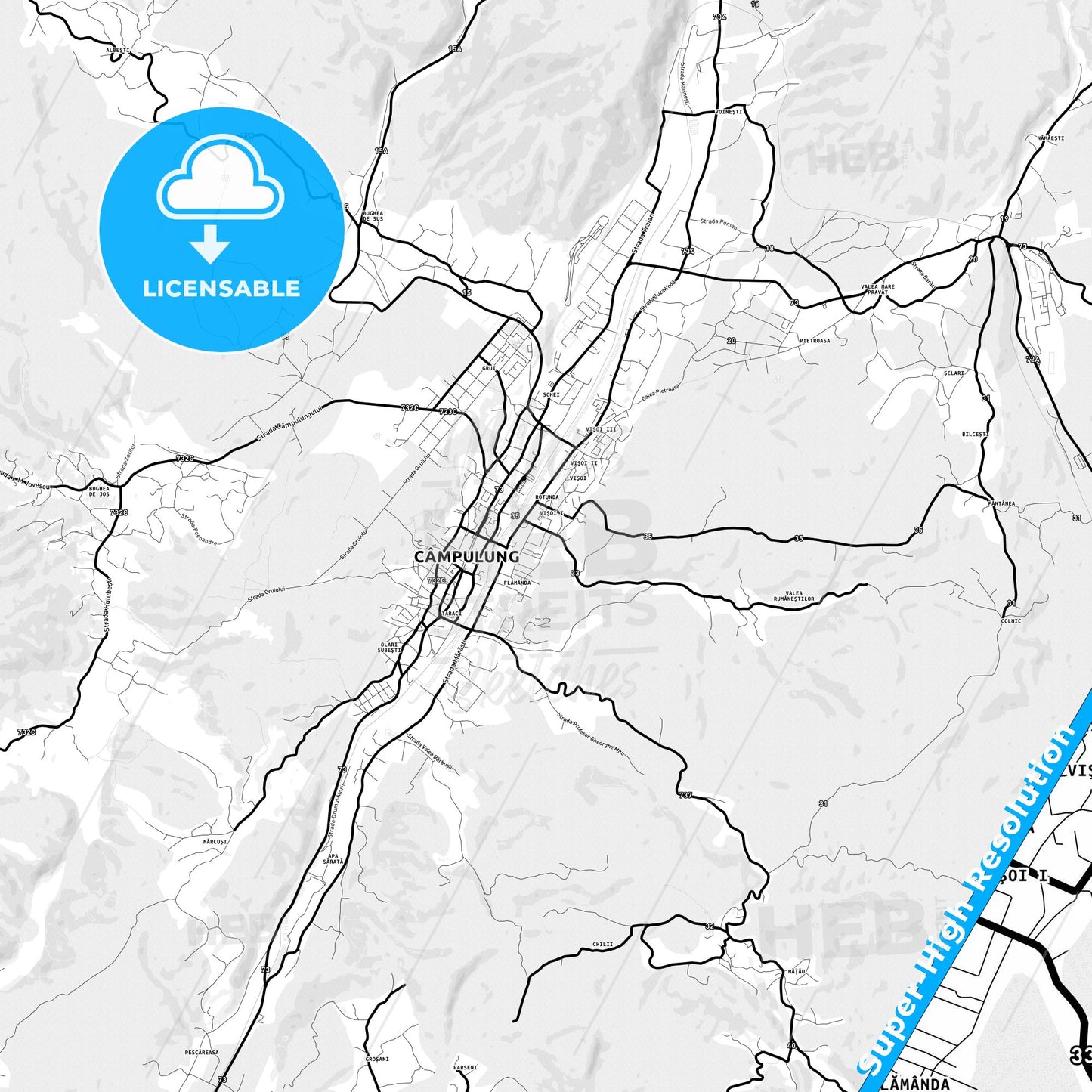 Câmpulung, Romania Light Map with Street Names, City Names, and Districts