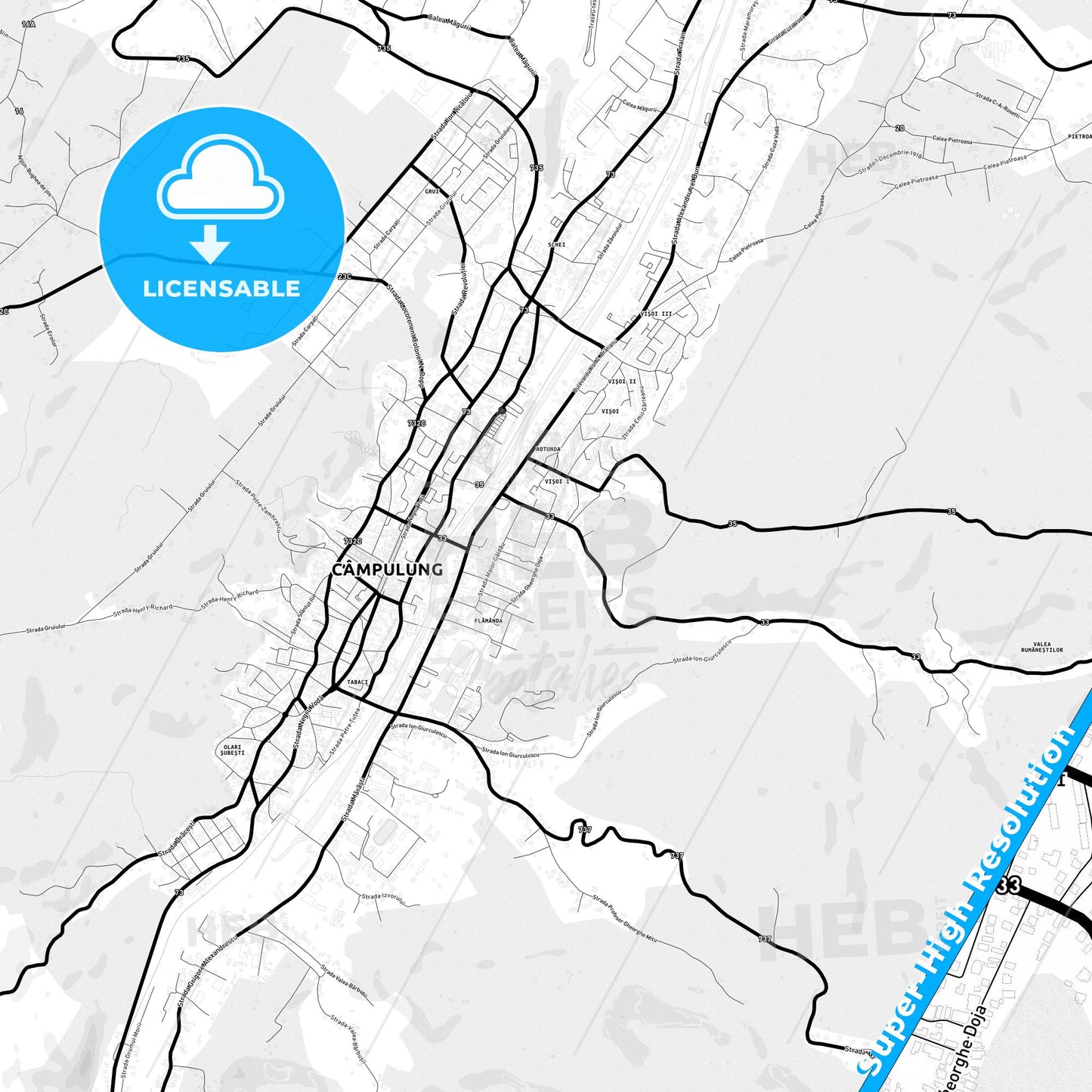 Câmpulung, Romania Light Map with Street Names, City Names, and Districts