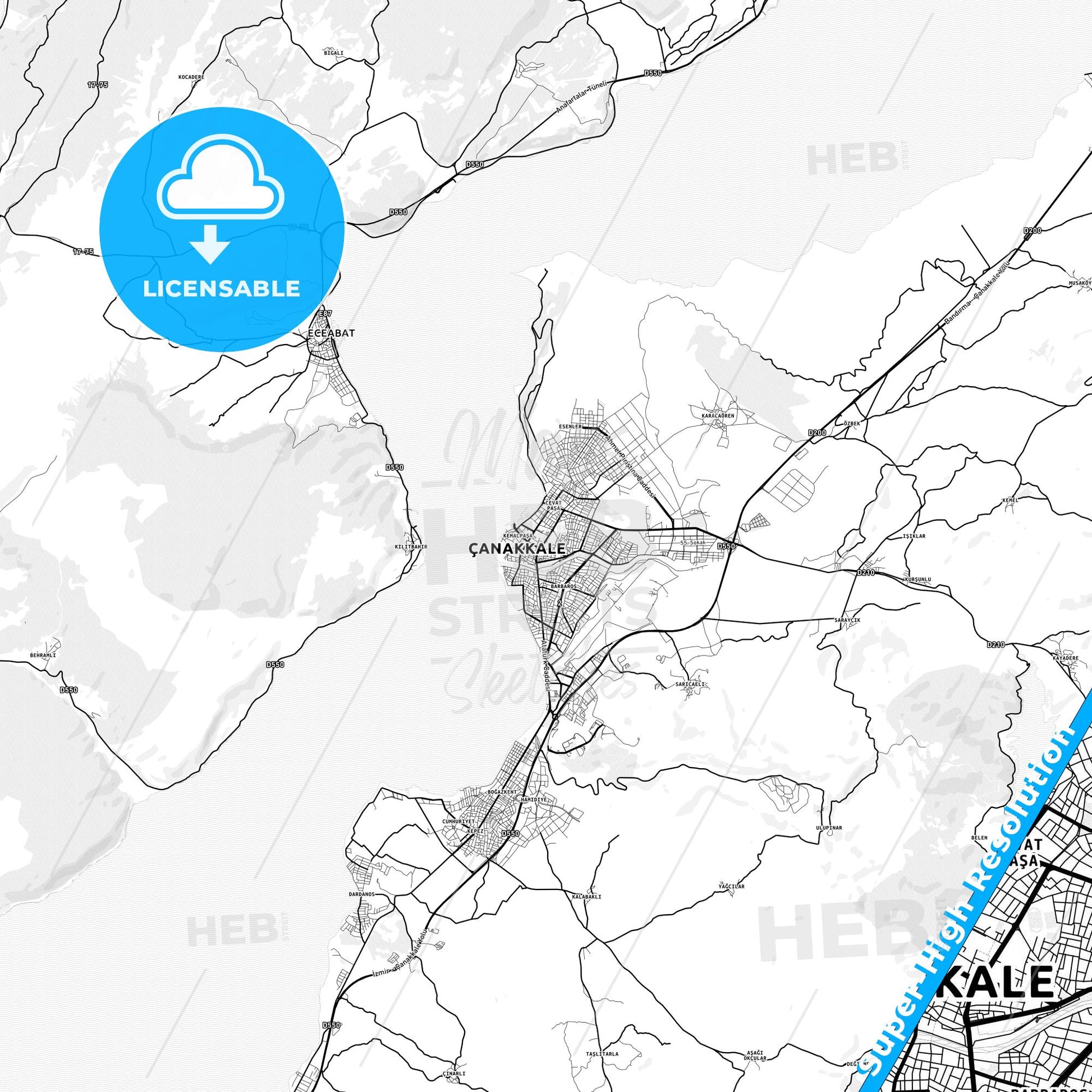 Çanakkale, Turkey light map with streetnames, citynames and districts