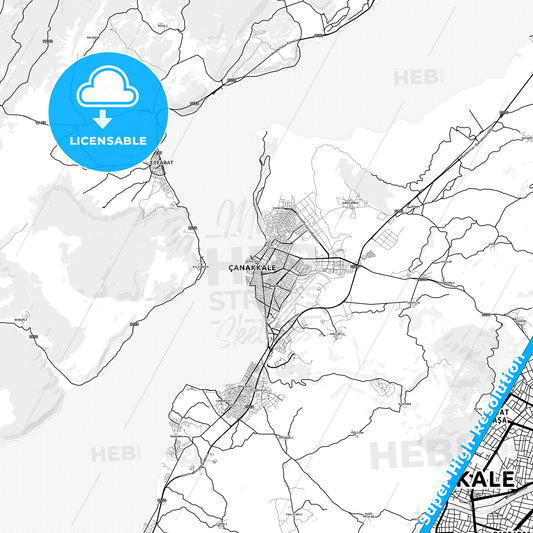 Çanakkale, Turkey light map with streetnames, citynames and districts