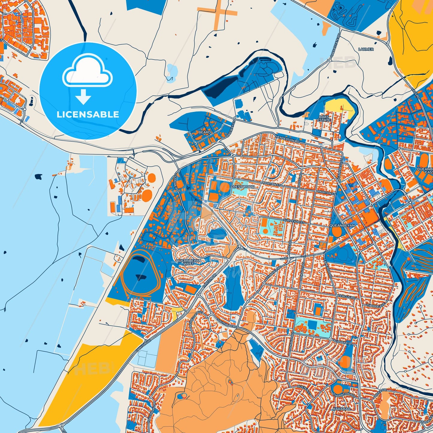 Colorful Canberra–Queanbeyan Street Map with Labels and Buildings