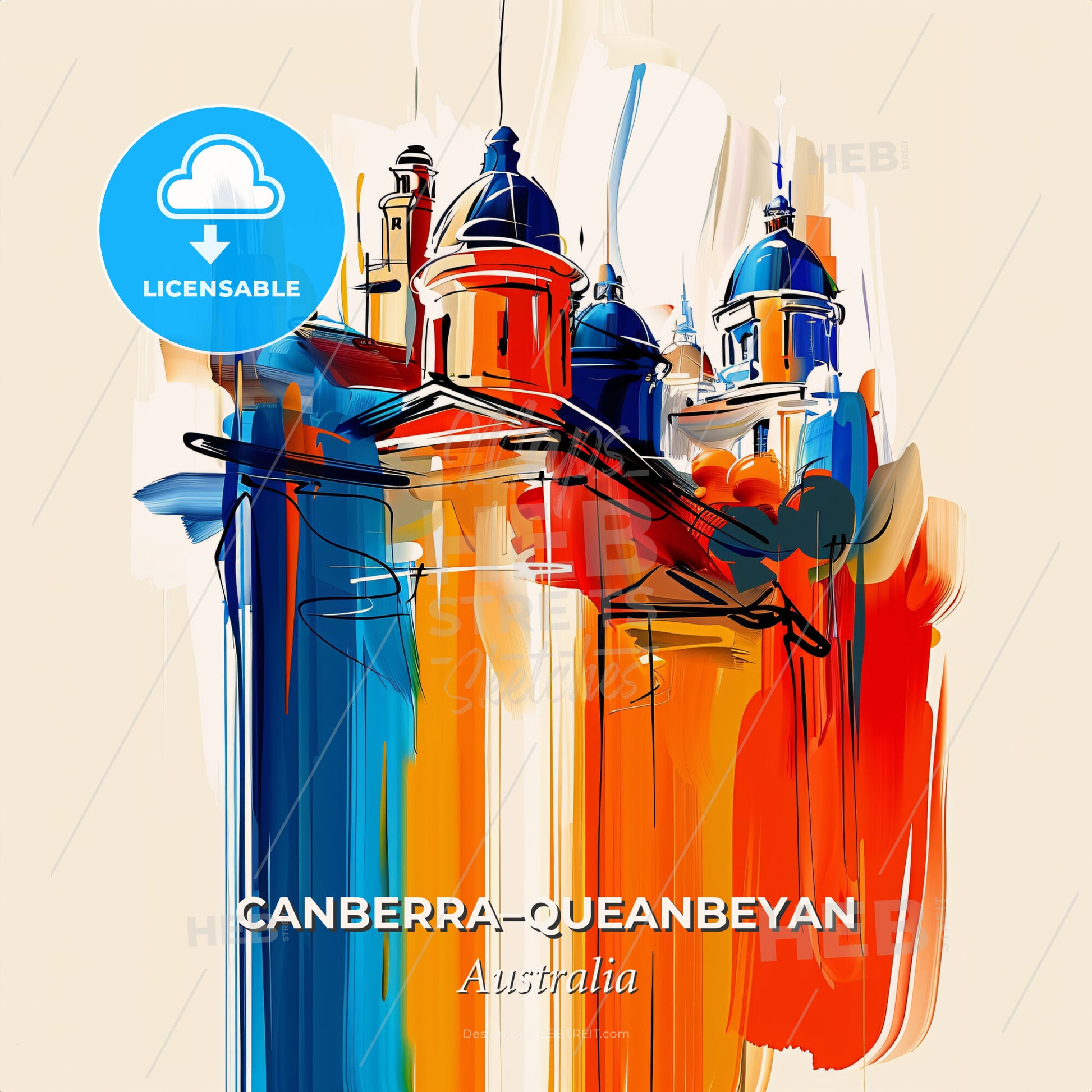 Vibrant Canberra–Queanbeyan, Australia - A Painting Of A Building With Blue And Orange Colors - Square format print template