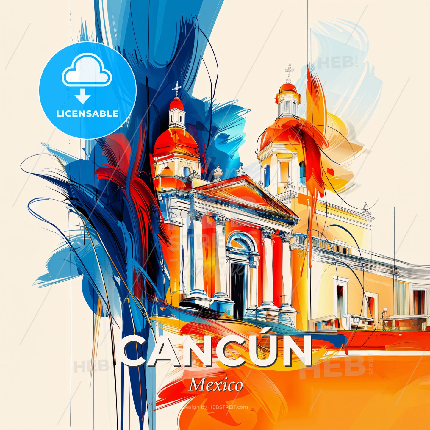 Vibrant Cancún, Mexico - A Painting Of A Building With A Colorful Background - Square format print template
