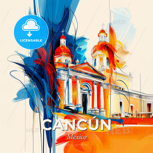 Vibrant Cancún, Mexico - A Painting Of A Building With A Colorful Background - Square format print template