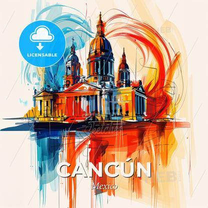 Vibrant Cancún, Mexico - A Painting Of A Building With A Colorful Background - Square format print template