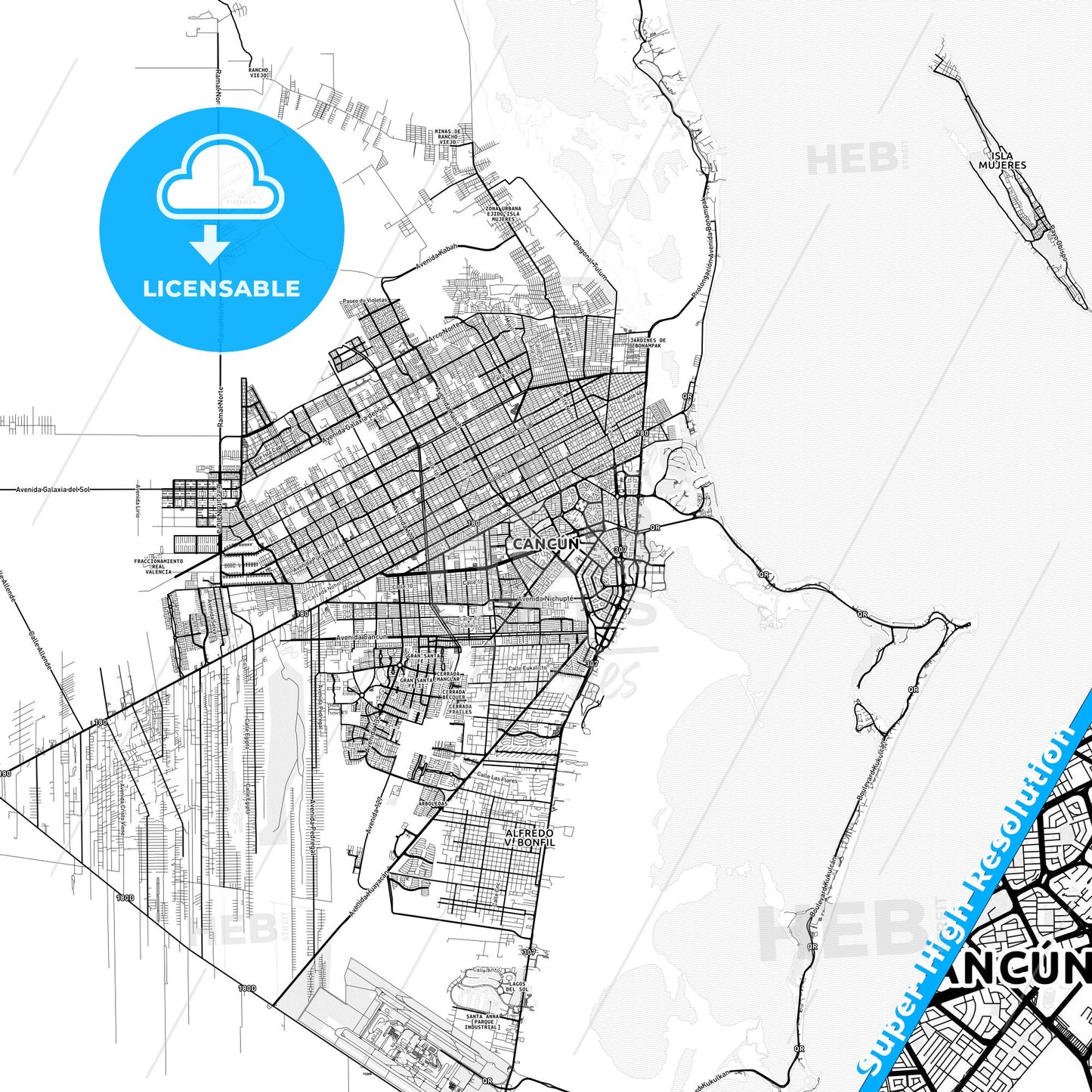 Cancún, Mexico light map with streetnames, citynames and districts