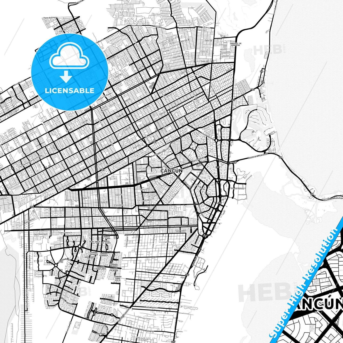 Cancún, Mexico Light Map with Street Names, City Names, and Districts