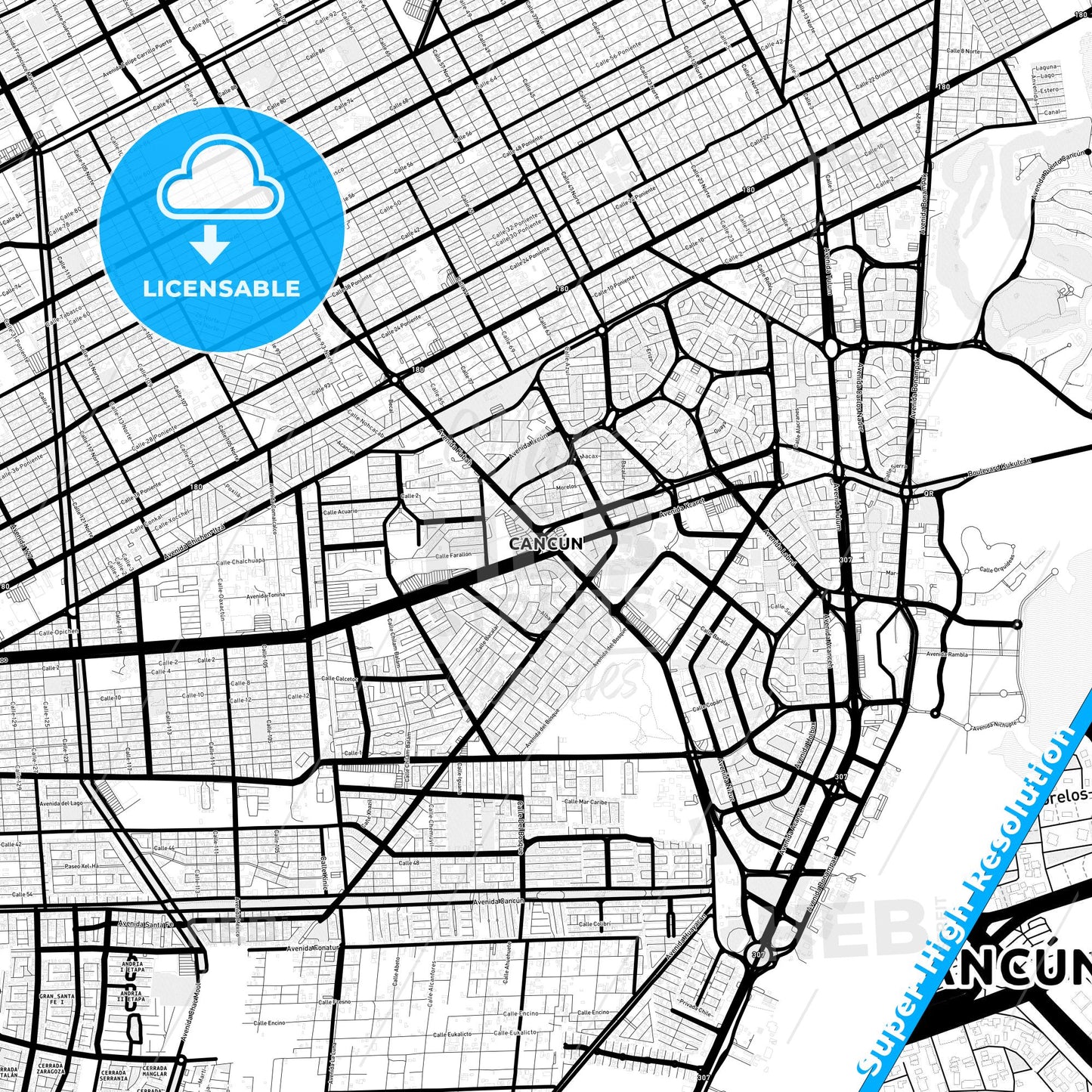 Cancún, Mexico Light Map with Street Names, City Names, and Districts