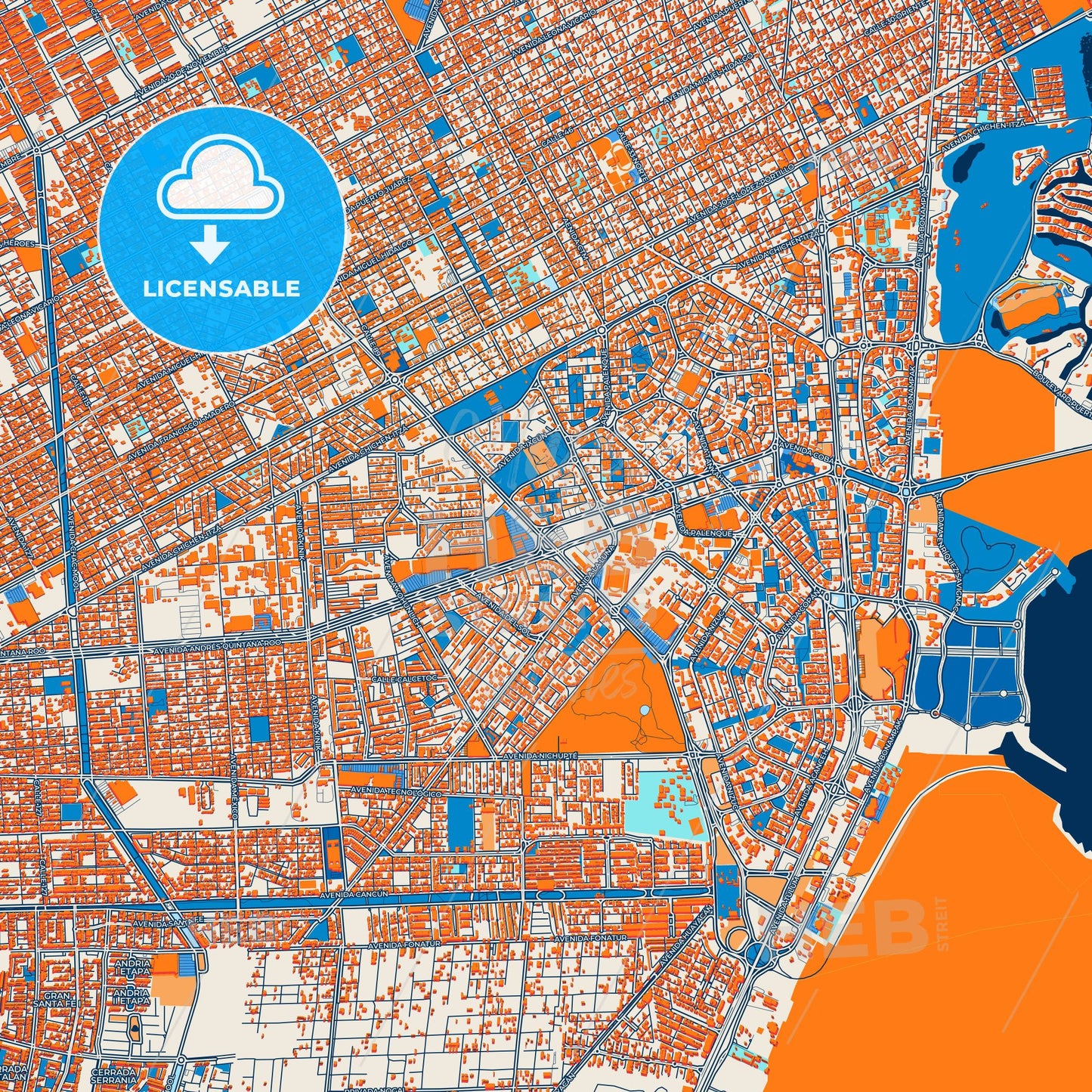 Colorful Cancún Street Map with Labels and Buildings