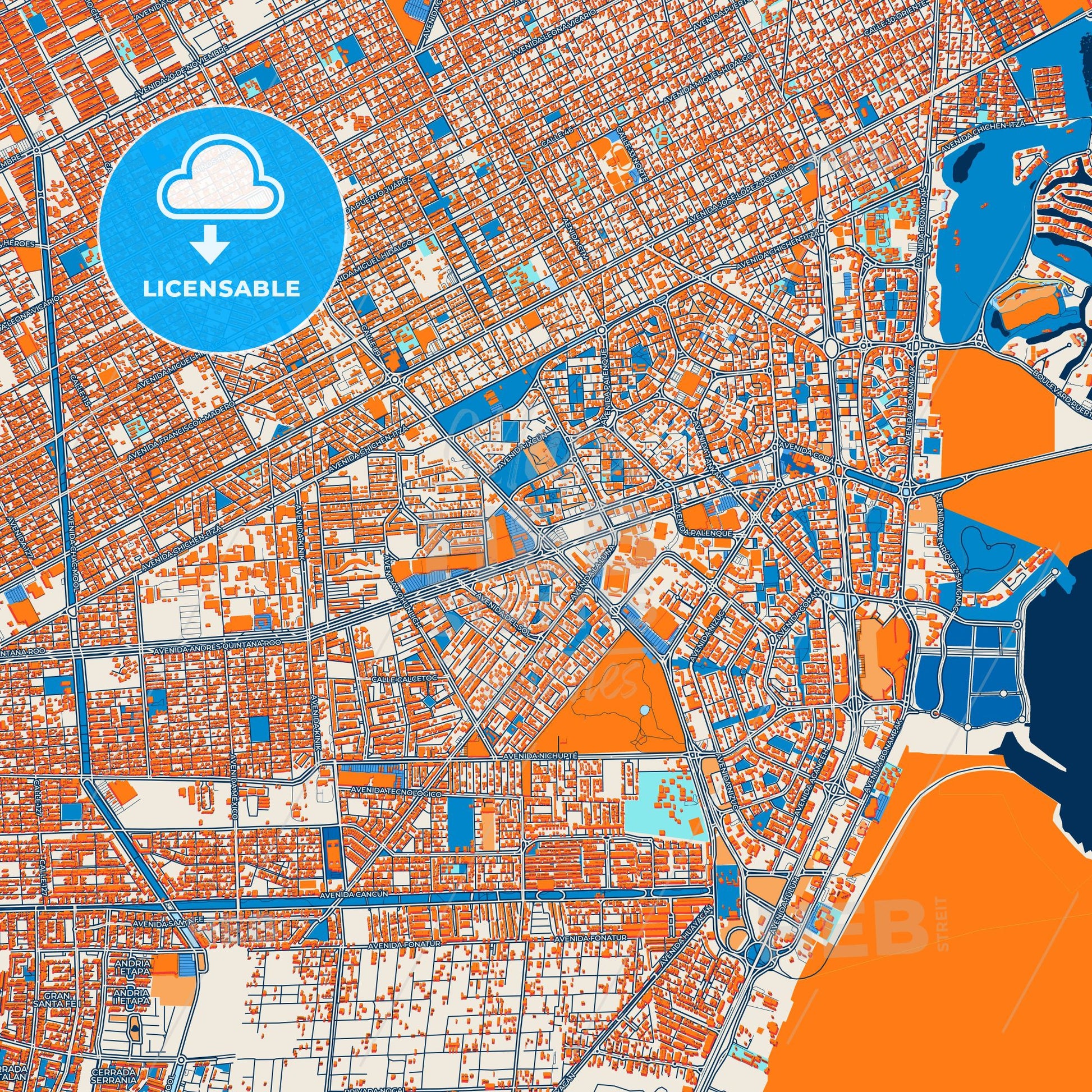 Colorful Cancún Street Map with Labels and Buildings
