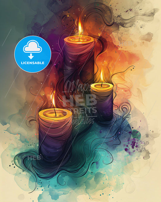 Bold Linework Candles in Serene Hues - A group of candles with flames