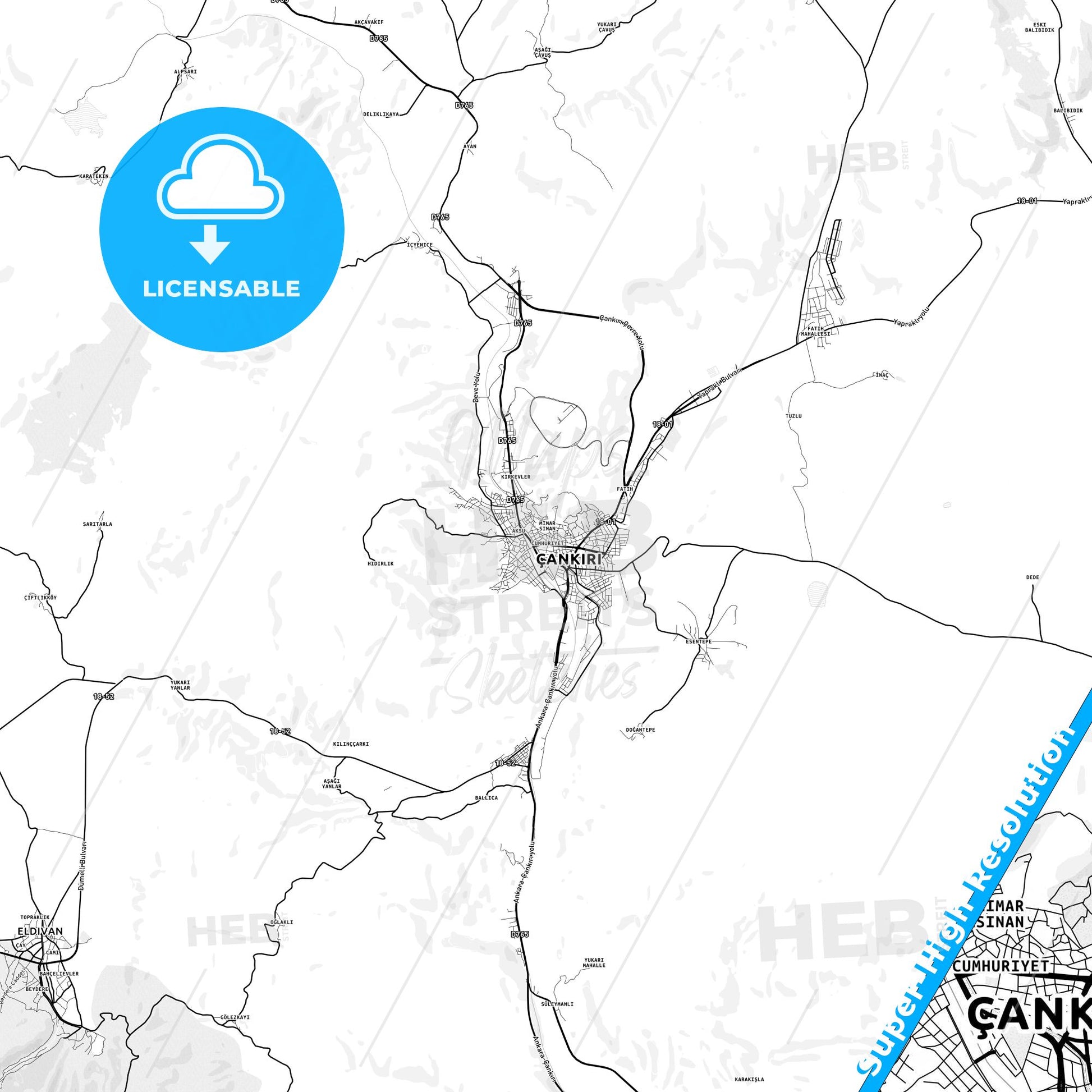 Çankırı, Turkey light map with streetnames, citynames and districts