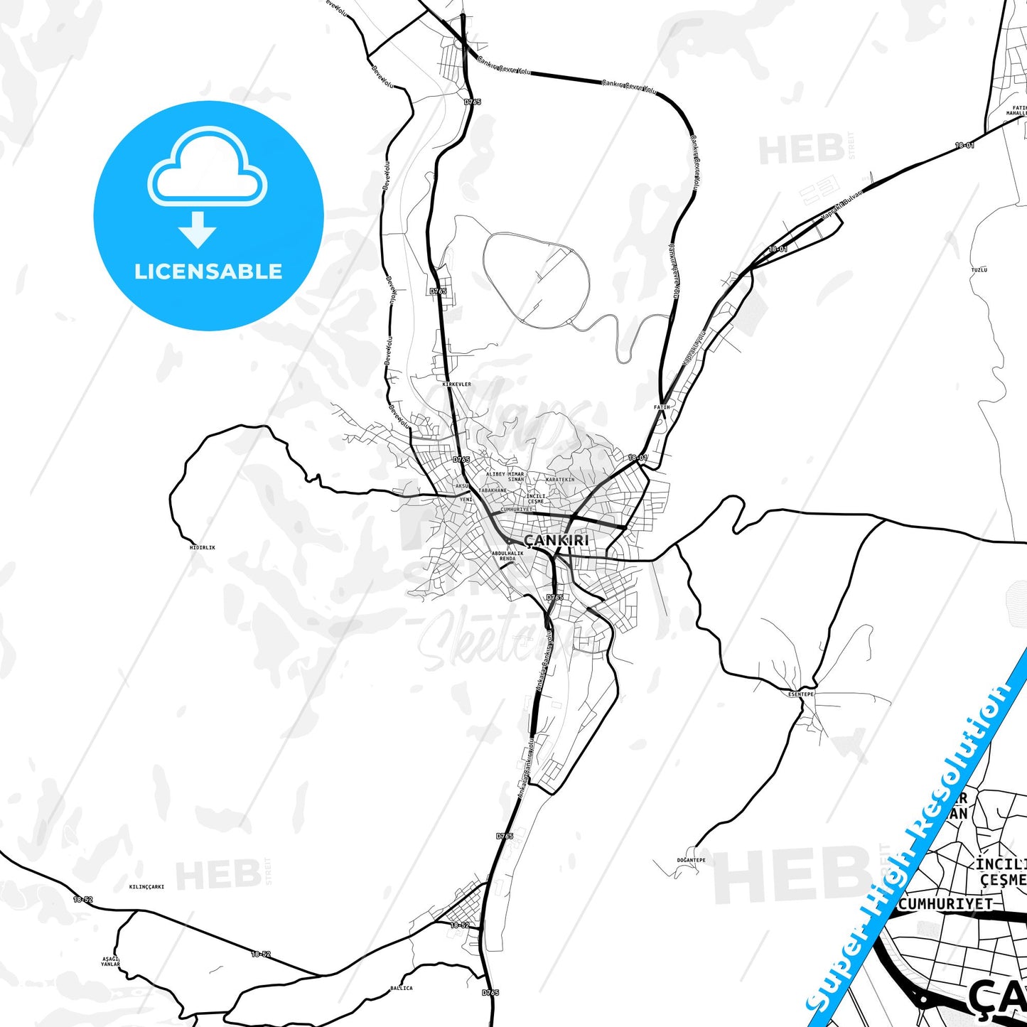 Çankırı, Turkey Light Map with Street Names, City Names, and Districts
