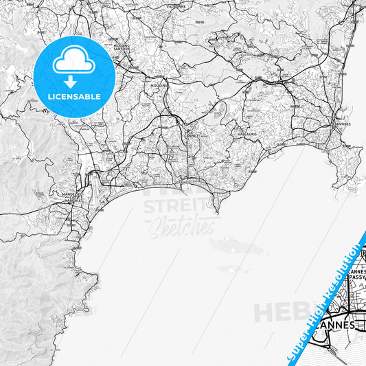 Cannes, France light map with streetnames, citynames and districts