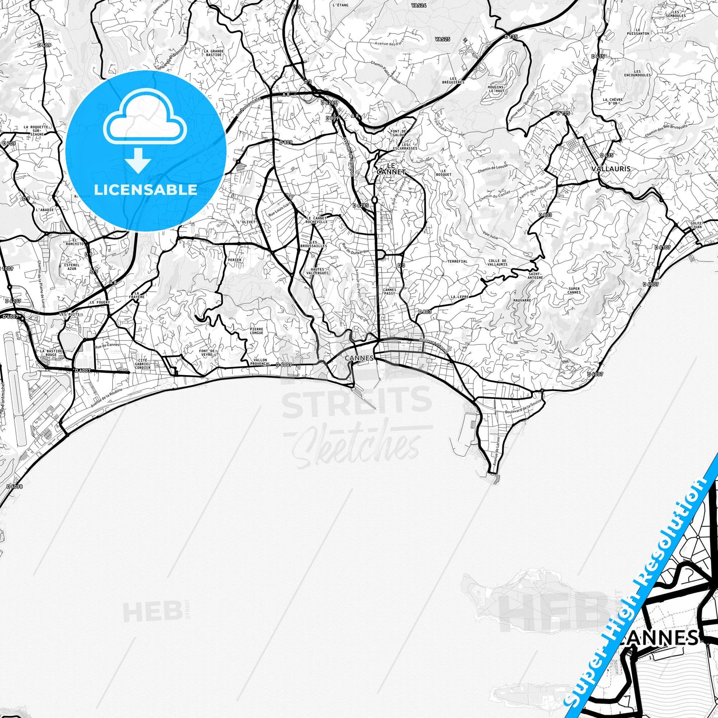 Cannes, France Light Map with Street Names, City Names, and Districts