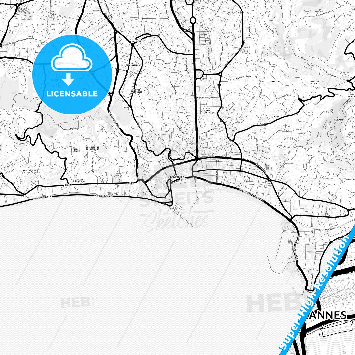 Cannes, France Light Map with Street Names, City Names, and Districts