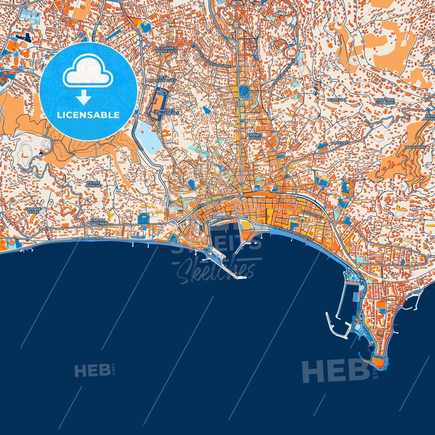 Colorful Cannes Street Map with Labels and Buildings