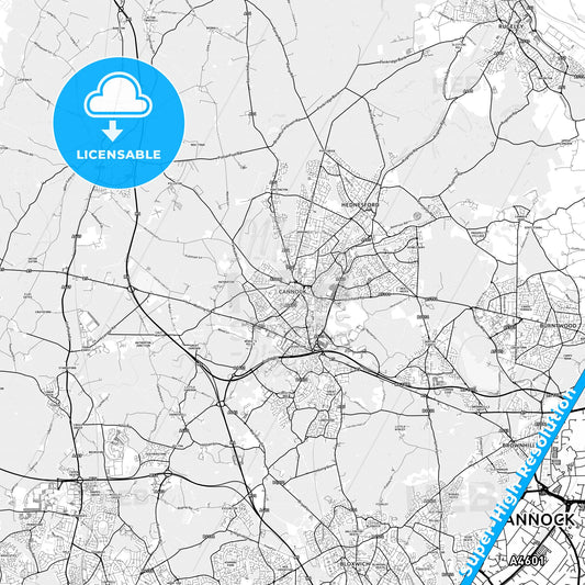 Cannock, England light map with streetnames, citynames and districts