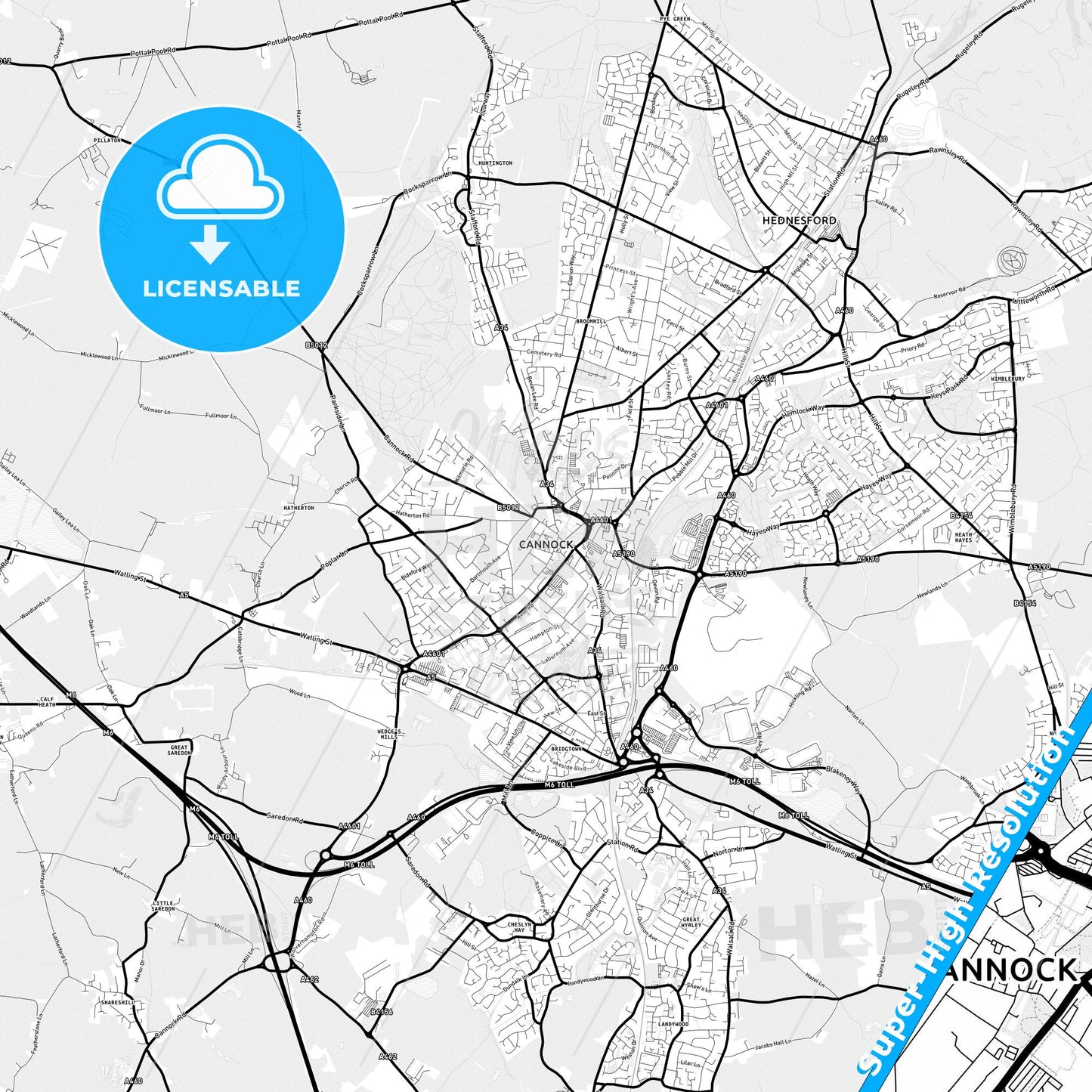 Cannock, England Light Map with Street Names, City Names, and Districts