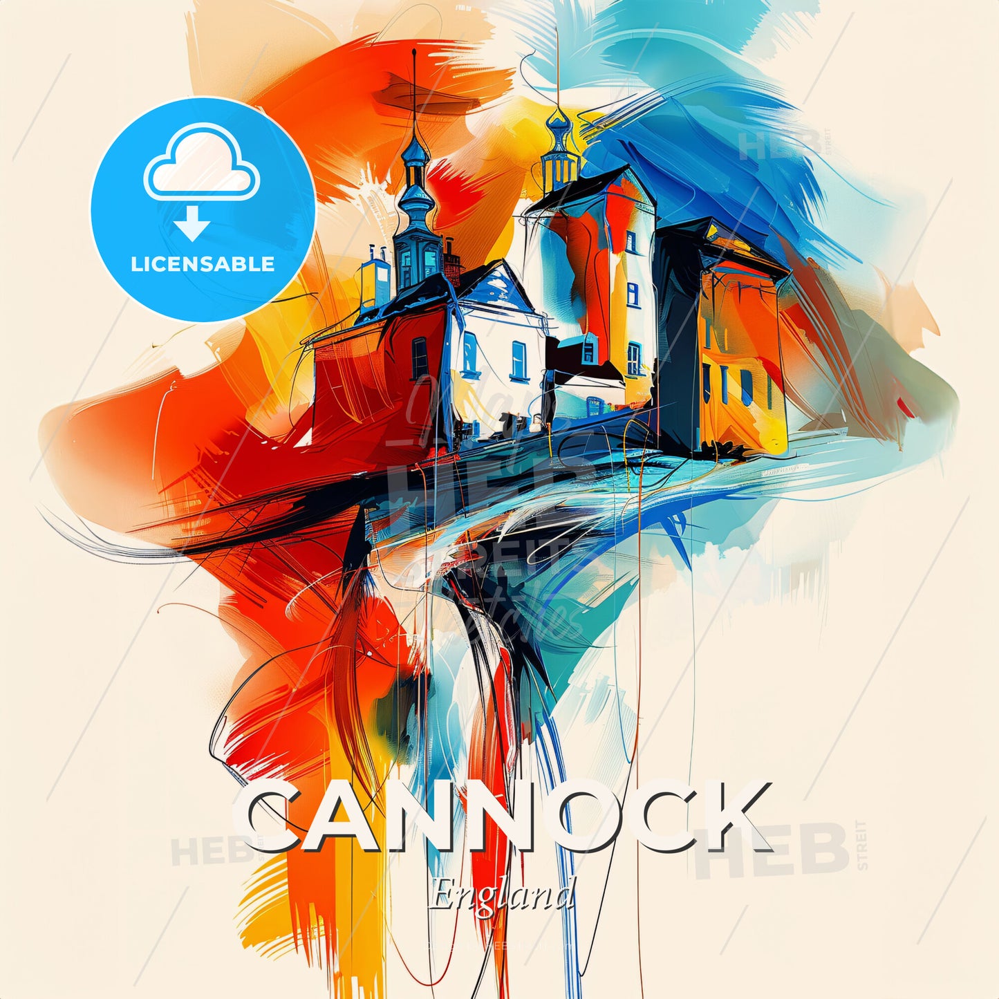 Vibrant Cannock, England - A Painting Of Buildings And A Colorful Background - Square format print template