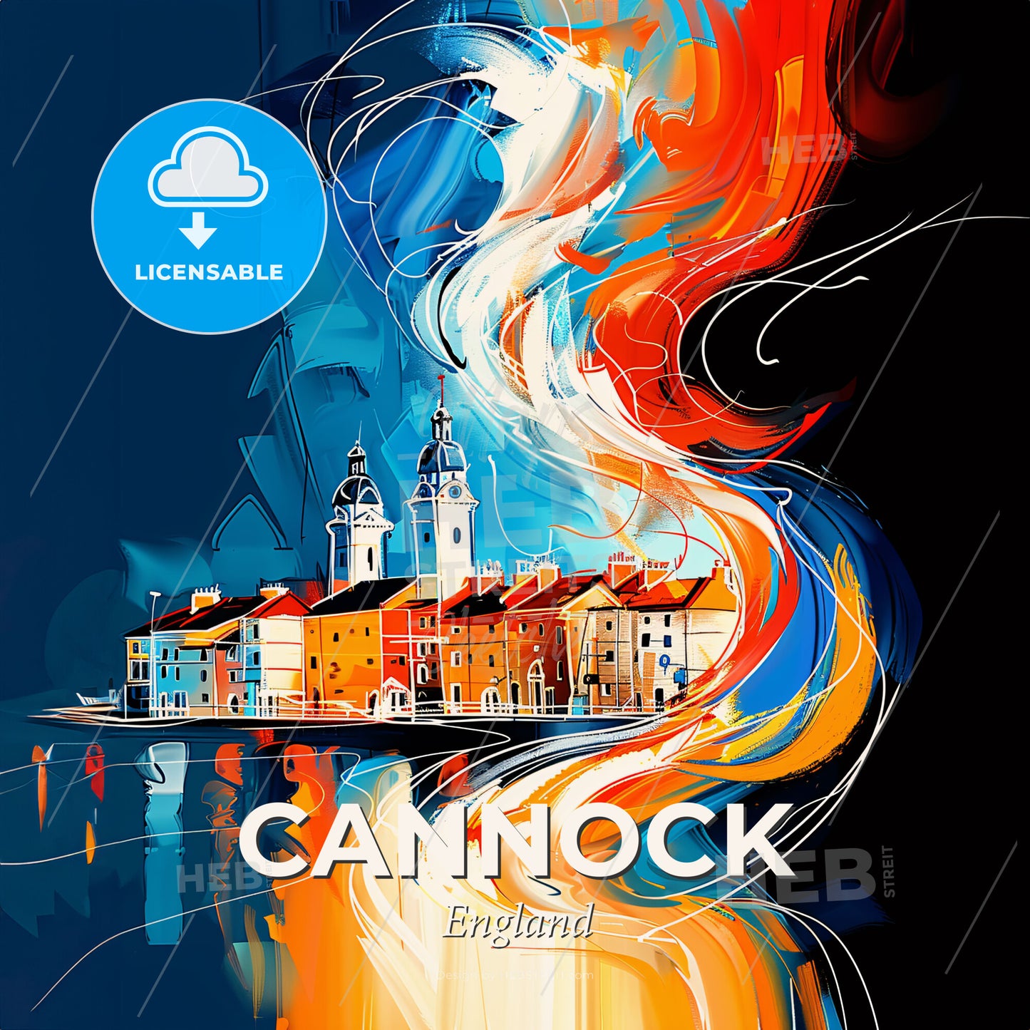 Vibrant Cannock, England - A Painting Of A City With A Fire In The Background - Square format print template