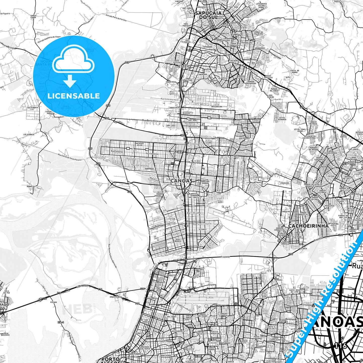 Canoas, Brazil light map with streetnames, citynames and districts