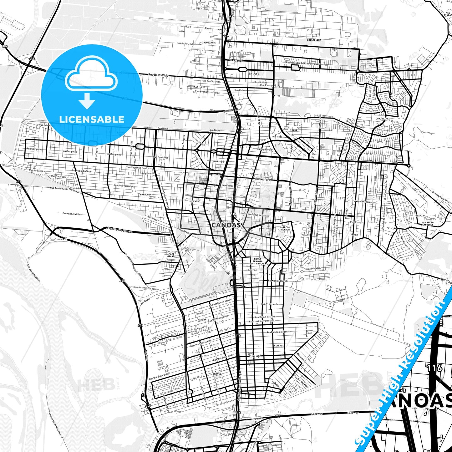 Canoas, Brazil Light Map with Street Names, City Names, and Districts