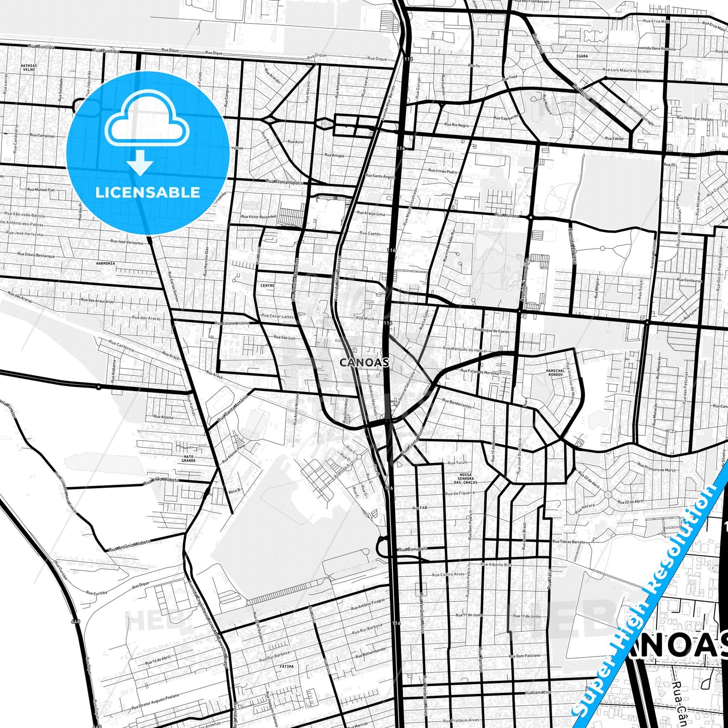 Canoas, Brazil Light Map with Street Names, City Names, and Districts