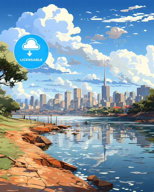 Canoas Cityscape Artistic Painting, Riverfront with Trees and City Skyline